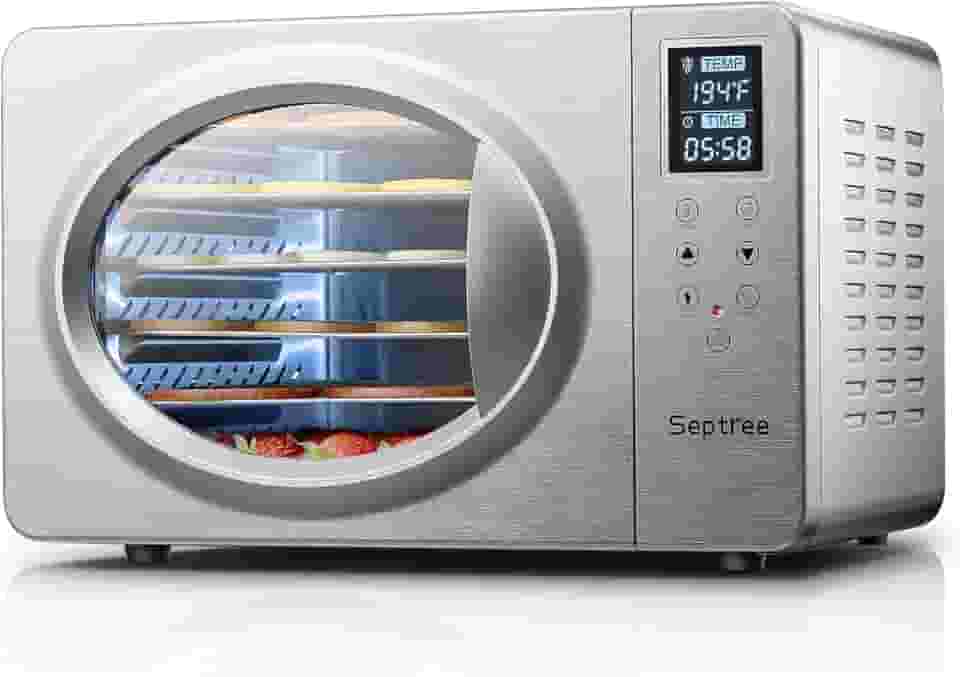 Desidratador de alimentos retrô prateado - 6 bandejas de aço inoxidável, controle de temperatura digital máximo de 88°C, luz embutida, máquina de secagem eficiente de 500 W para carne seca