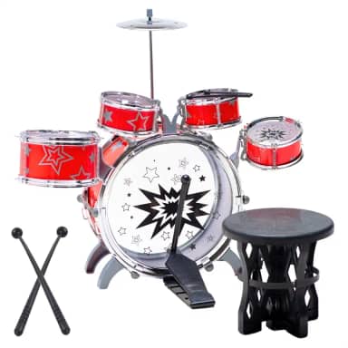 Mini Bateria Infantil com Banquinho Instrumento Brinquedo Musical com 5 tambores (Vermelho)
