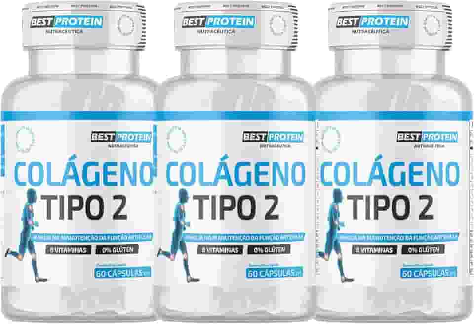 Kit 3x Colágeno Tipo 2 Joelho Articulação Manutenção da Função Articular Pote 60 Cáps Não Desnaturado Proteina 40 mg Rende 180 Doses + Vitamina B1 B2 B6 B12 C E D3 Matéria Prima Importada 100% Natural