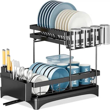 Escorredor de Louça Inox 2 Camadas com Suporte para Talheres, Copos, Facas, Tábuas e Bandeja, Organizador de Cozinha Suspenso, Prateleira com Drenagem Eficiente, Preto