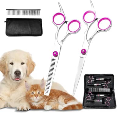 Tesoura De Tosa Para Cães 5 Em 1 Rosa Kit Tesoura Cabelo Inox, Tesouras de Cabelos,Tesouras Cabelo Profissional Multifuncional Para Cabeleireiro, Cães e Gatos