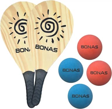 Kit Raquete Frescobol Tenis de Praia BONAS Jogo Com Bola de Borracha Semi Profissional Pinus Resistente