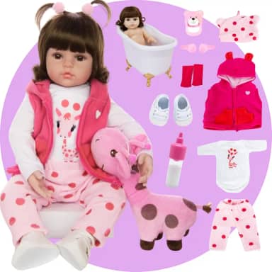 Boneca Bebê Reborn Menina Realista de Silicone com Girafinha Rosa e Roupas de Luxo 48 cm Pode Tomar Banho