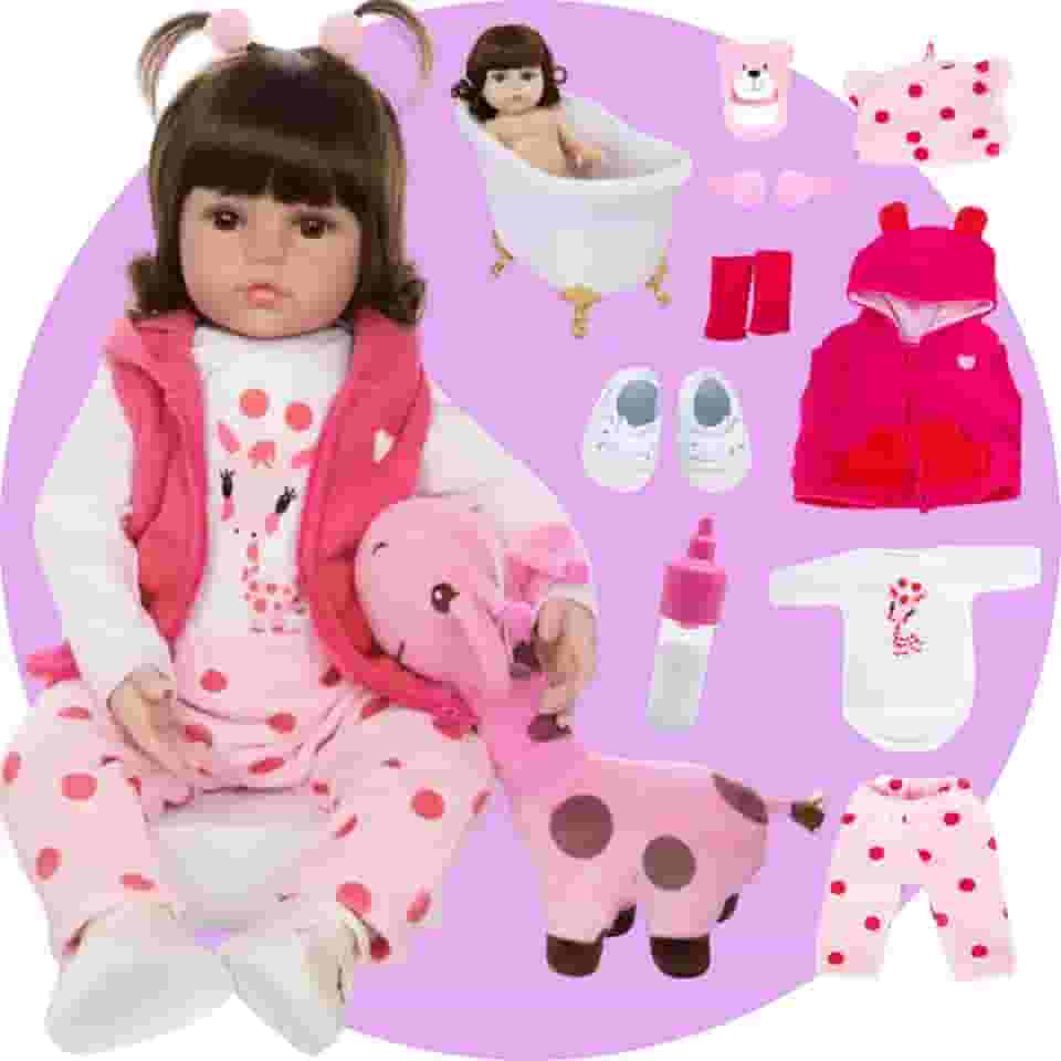 Boneca Bebê Reborn Menina Realista de Silicone com Girafinha Rosa e Roupas de Luxo 48 cm Pode Tomar Banho