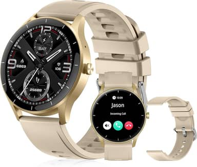 Smartwatch PEJE Relógio Smartwatch com Pulseira Extra - Tela Touch HD 1.28",À Prova d'Água IP68,Faz Chamadas Bluetooth,123+ Modos Esportivos,Bateria de 5-7 Dias,Compatível com iOS/Android.(Dourado)