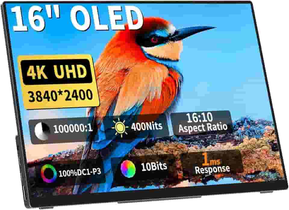 DAMRAPT Monitor portátil OLED de 16 polegadas 4K 16:10, 3840 x 2400p, 100% Adobe RGB, 10 bits, 400 nits, contraste 100.000: 1, monitor de viagem ultrafino com capa Seelve, externo para laptop, Mac, PC