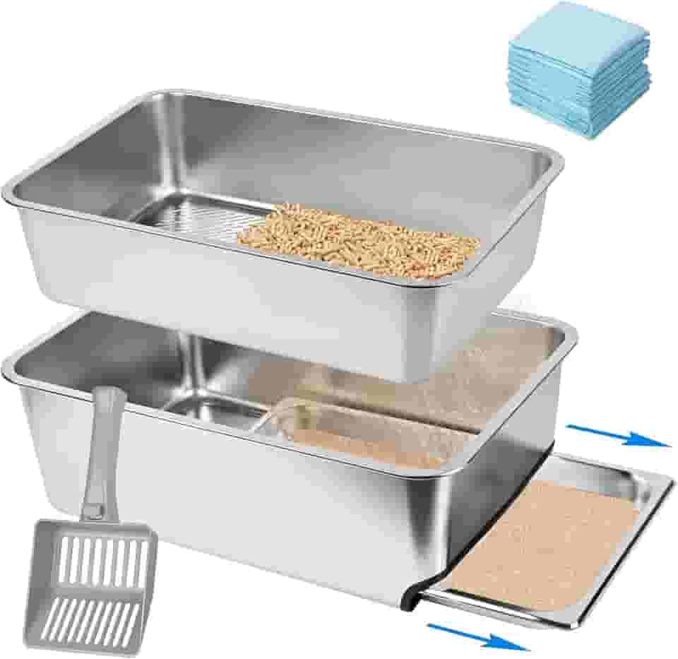 Caixa de areia de aço inoxidável de 69 x 39 x 20 cm, caixa de areia para peneiramento removível XXL para pellets de pinheiro, sistema de caixa de areia de metal com laterais altas para gatos grandes