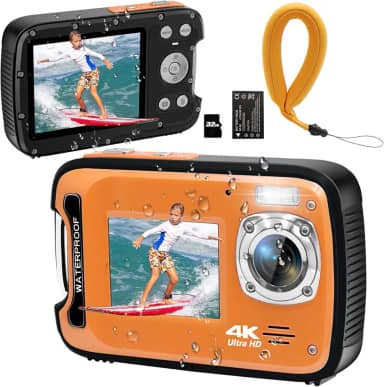 Câmera subaquática 4K 48MP autofoco selfie tela dupla à prova d'água com alça flutuante e cartão de 32 GB, câmera digital compacta à prova d'água de 17 pés para mergulho com snorkel