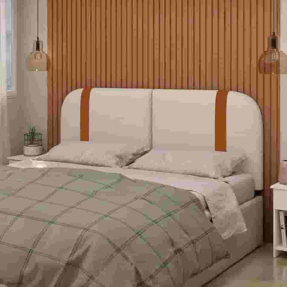 Cebeceira Orgânica SLIM Para Cama Box QUEEN Estofada em Linho Bege Com Detalhe em Couro Ecológico 160cmx55cm