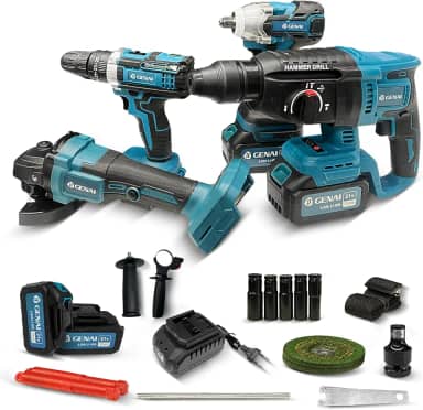 Parafusadeira e Furadeira 4 em 1 com 2 Baterias Kit Ferramentas Completo 21V Inclui Furadeira Elétrica Chave de Impacto Esmerilhadeira e Martelo Rotativo 110V/220V com Acessórios