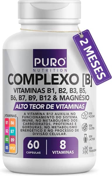 Complexo B Puro Nutrition – Vitaminas B1, B2, B3, B5, B6, B9, B12 e Magnésio, 60 Cápsulas