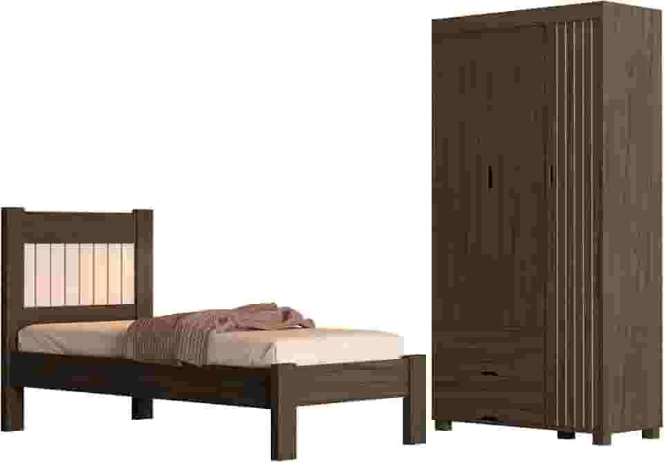 Jogo de Quarto Bela Cama Solteiro e Roupeiro em MDF (Chocolate)