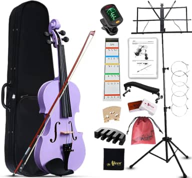 Aileen Violino tamanho 3/4 para crianças iniciantes, kit iniciante violino roxo para estudantes de 9 a 11 anos, incluindo suporte de música, adesivo de dedo novo exclusivo, mudo