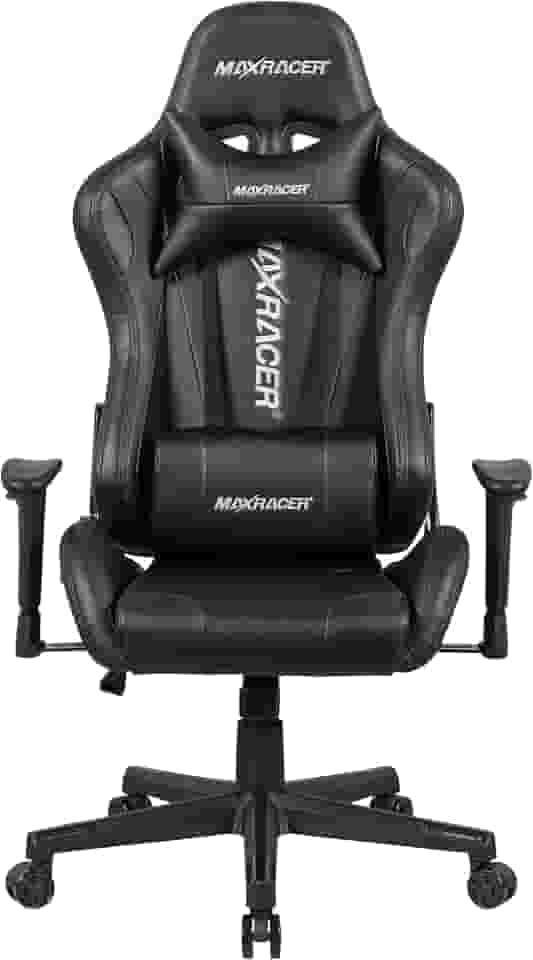 MAX RACER - Cadeira Gamer Skilled - Poltronas Gamer de Aço, Cadeira Ergonômica para Jogos - Até 150kg, Giratória, Braços 1D, Tecido Sintético PVC, Inclinação 180°, Almofada Cervical e Lombar - Preta