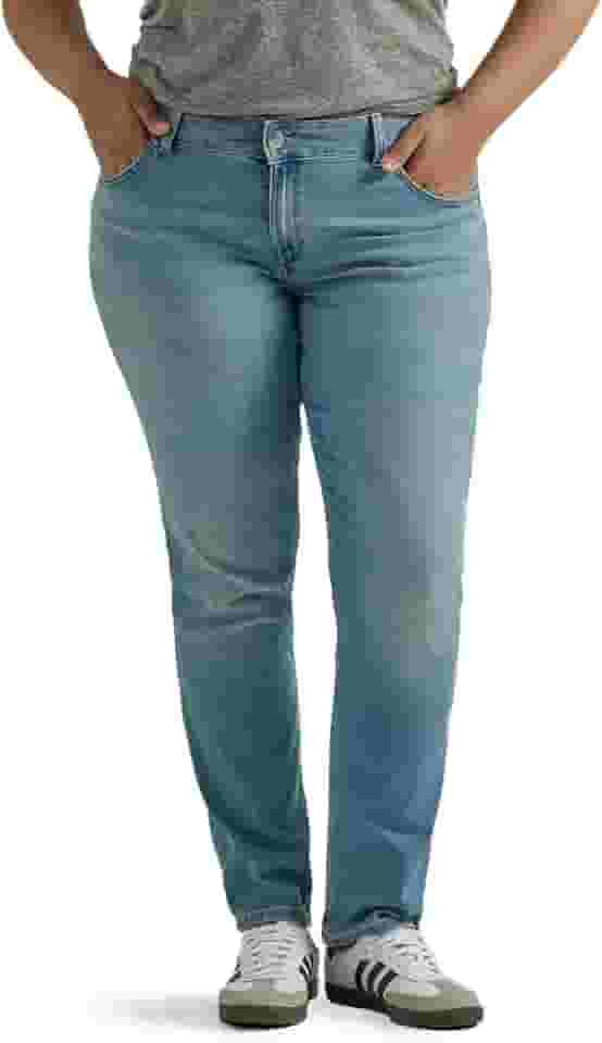 Calça jeans feminina plus size ajuste regular perna reta