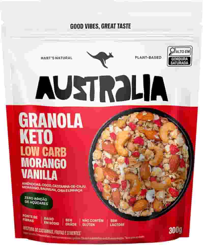 Hart's Natural Granola Australia Keto Low Carb Morango e Baunilha - Granola Sem Açucar, Sem Lactose, Sem Glúten, Vegano - 100% Natural - Alto em Fibras - 300g
