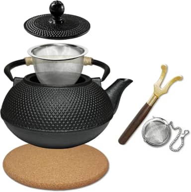 Bule de chá japonês de ferro fundido, chaleira com infusor de aço inoxidável, para fogão a lenha/fogueira/fogão a gás (900 ml, preto)
