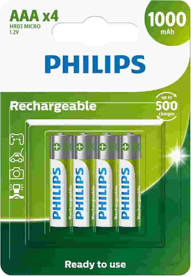 Pilha recarregável AAA 1.2V 1.000mAh, PHILIPS, padrão, R03B4RTU10/59