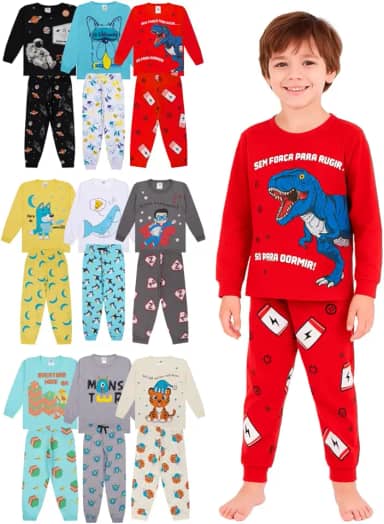 Kit Sortido 4 Peças Pijama Manga Longa Bebê Menino - 2 Conjuntos Pijamas Comprido Masculino Infantil Inverno