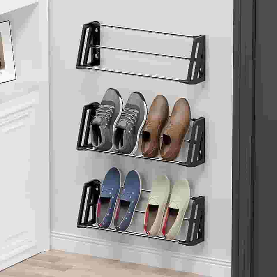 Sapateira montada na parede, pacote com 3 sapateiras de parede, comporta 6 pares de sapatos com tiras adesivas adesivas, organizador de sapatos, organizador fino para economizar espaço, armazenamento