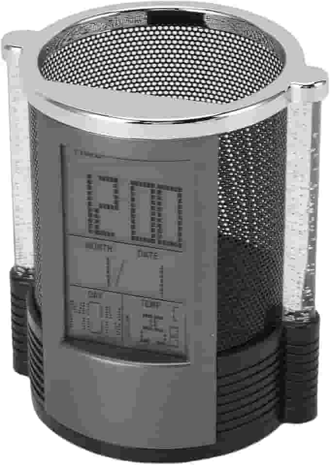 Luqeeg Relógio Eletrônico com Porta Canetas, Data e Hora, Porta-Lápis de Malha Metálica, Iluminação Colorida Multifuncional, Relógio Mesa com Calendário para Casa, Escritório