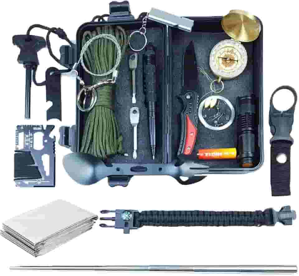 Kit Sobrevivência Selva Emergência Bússola Lanterna Canivete Apito Paracord Pesca