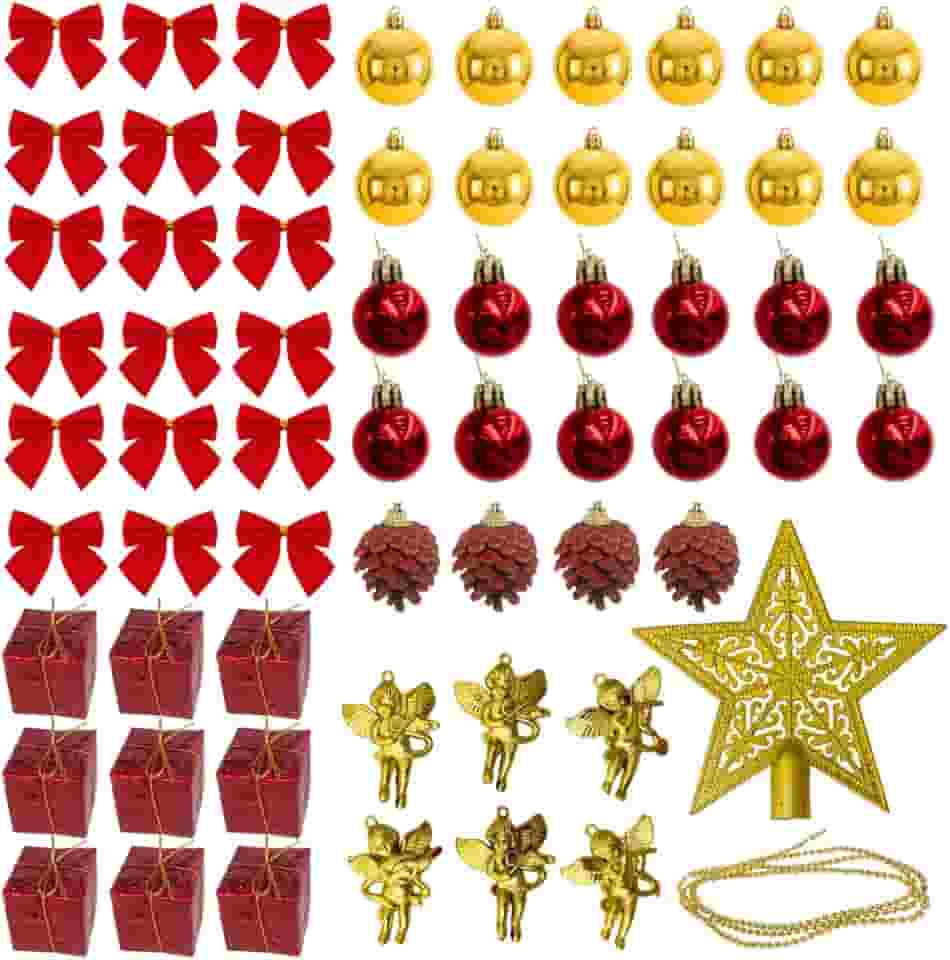 Kit 63 Peças Enfeites Natalinos para Árvore Completo Dourado e Vermelho com Estrela, Laços e Bolinhas Decorativas (Kit 63 Itens Vermelho)