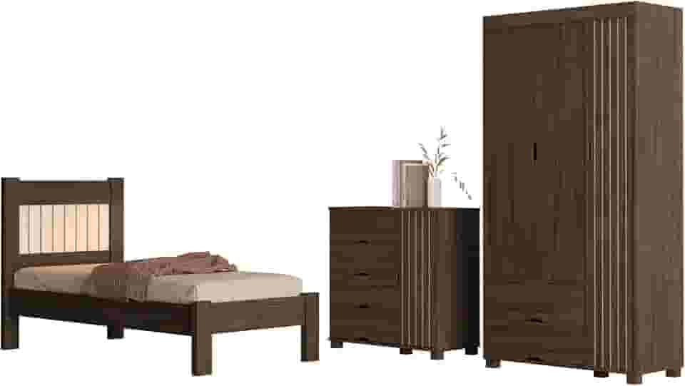 Jogo de Quarto Bela com Roupeiro, Cômoda e Cama Solteiro. (Chocolate)
