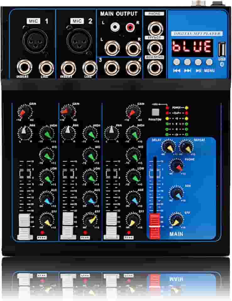 Mesa de Som Profissional, 4 Canais, Bluetooth, USB, MP3, 48V Phantom Power, Mixer de Áudio para Gravação e Shows