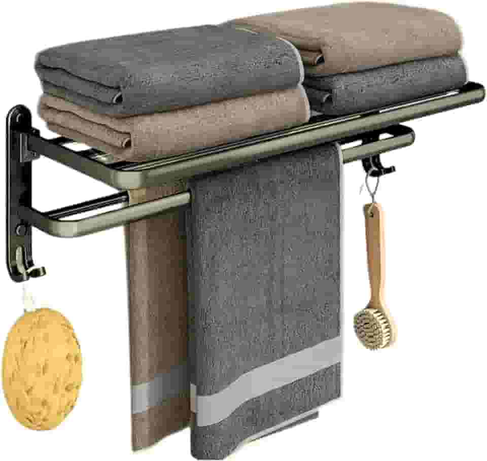 Toalheiro de Parede em Alumínio com Parafusos – Duplo, Dobrável e com Ganchos | Suporte para Toalhas Durável e Resistente, Ideal para Banheiro
