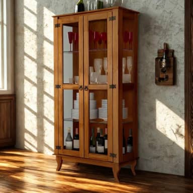 Cristaleira De Madeira Maciça Estilo Colonial Com Vidro Nas Portas E Prateleiras De Vidro Reforçado (Castanho)