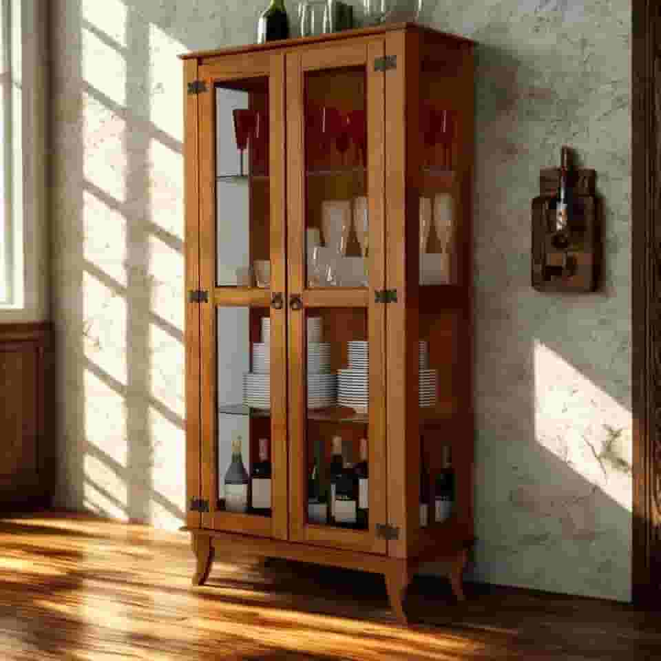 Cristaleira De Madeira Maciça Estilo Colonial Com Vidro Nas Portas E Prateleiras De Vidro Reforçado (Castanho)