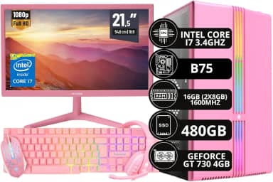 PC Gamer Rosa Completo Intel Core I7 3.4GHz 16GB DDR3 SSD 480GB Monitor 21,5' Kit Gamer - Escolha a placa de vídeo (GT 730 4GB)
