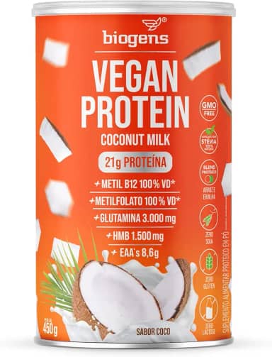 Vegan Protein coconut milk, 21g de proteína ervilha e arroz, GMO Free, Glutamina, HMB, EAAs, Vitaminas B Metil, 450g, Biogens (Coco)