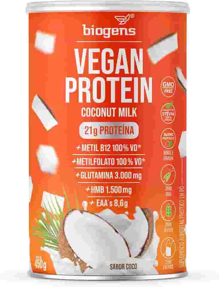 Vegan Protein coconut milk, 21g de proteína ervilha e arroz, GMO Free, Glutamina, HMB, EAAs, Vitaminas B Metil, 450g, Biogens (Coco)