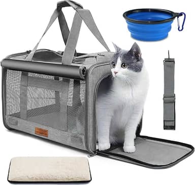 Bolsa Transporte Pet Para Gatos Cachorros Grande Avião Viagem Com Alça e Tapete Tigela (Cinza)