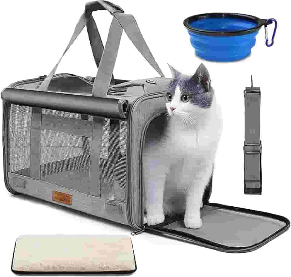 Bolsa Transporte Pet Para Gatos Cachorros Grande Avião Viagem Com Alça e Tapete Tigela (Cinza)