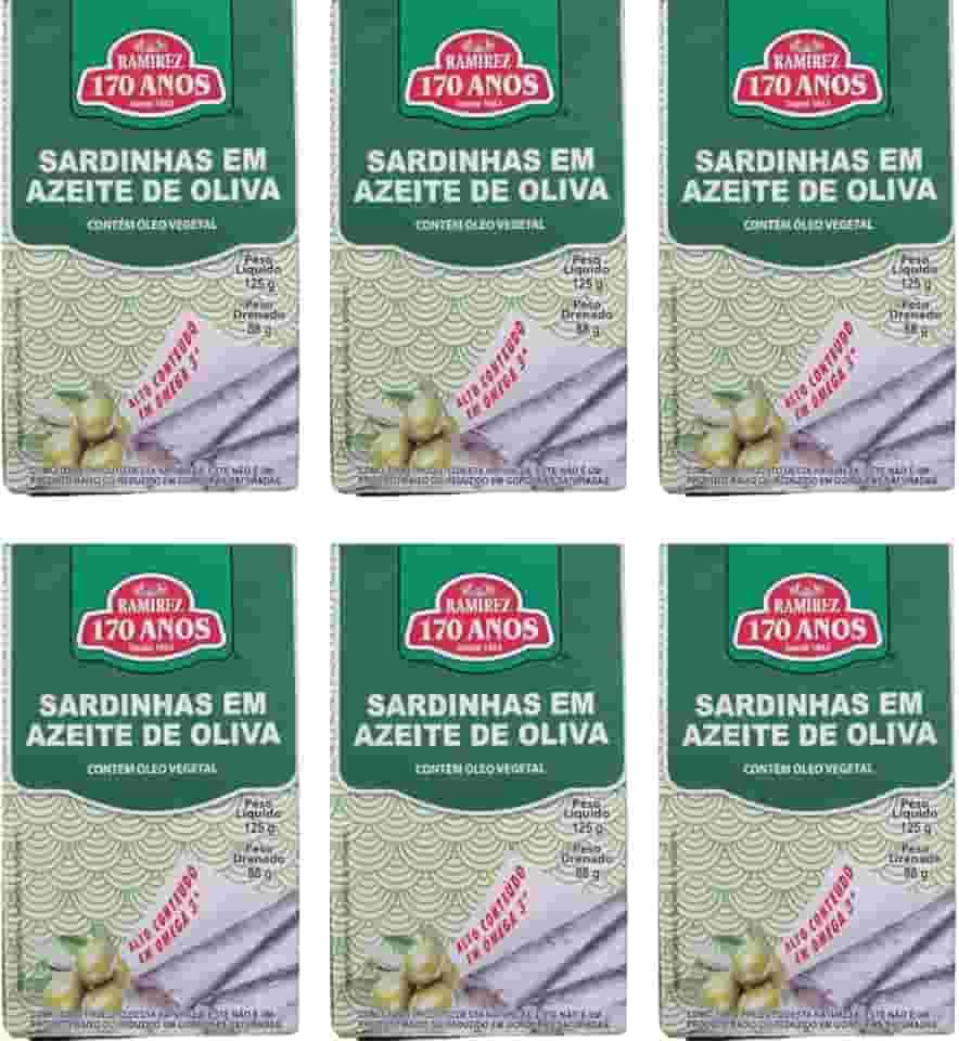Sardinha em Lata Portuguesa em 100% em Azeite de Oliva Extravirgem 125g - RAMIREZ - Rico em Ômega 3 - Tampa Abre Fácil - Tradição desde 1853-6 Unidades.