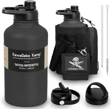 Garrafa de água tática de 1,8 litro com canudo - Jarro de água de aço inoxidável de 1,8 l com 3 tampas, alça de paracord, sistema Molle