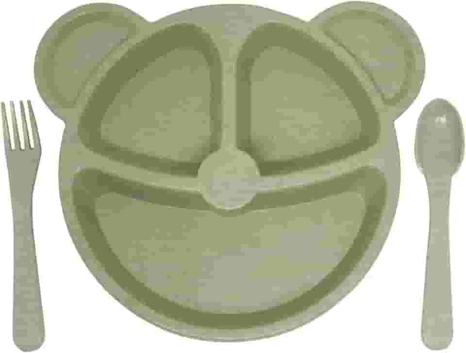 Prato com Divisória + Talheres Infantil Bebe BLW Formato Urso Introdução Alimentar (Verde)