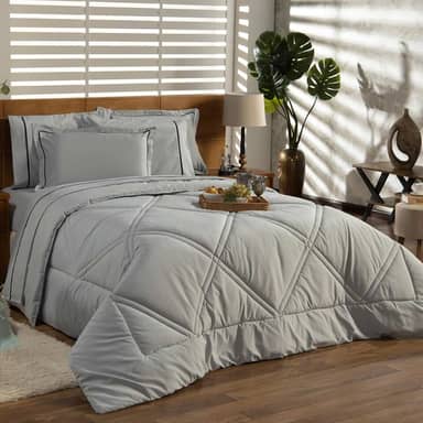 Kit Edredom Cobertor KING 03 Peças Liso Milano Dupla Face com Fronhas - Percal Algodão 200 Fios Toque Macio Cheio Grosso (Cinza)