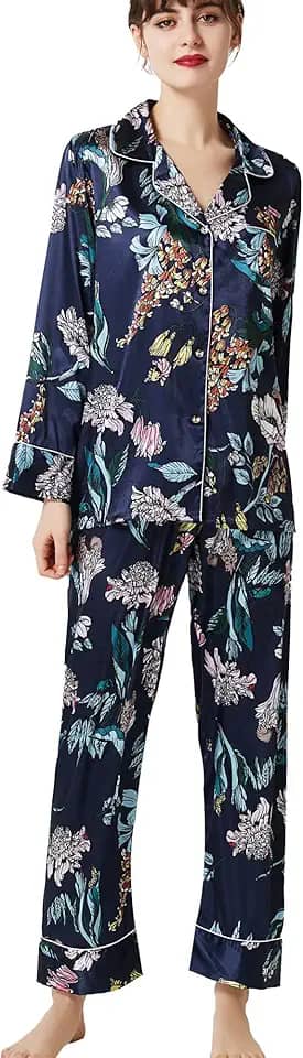 Pijama feminino de seda cetim clássico manga longa botões seda floral padrão animais conjunto loungewear roupa de dormir