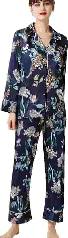 Pijama feminino de seda cetim clássico manga longa botões seda floral padrão animais conjunto loungewear roupa de dormir