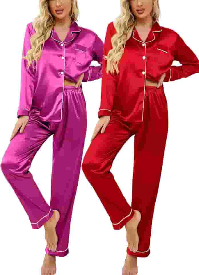 Ekoauer Conjunto de 2 pijamas femininos de cetim clássico com botões de seda, conjunto de pijama macio