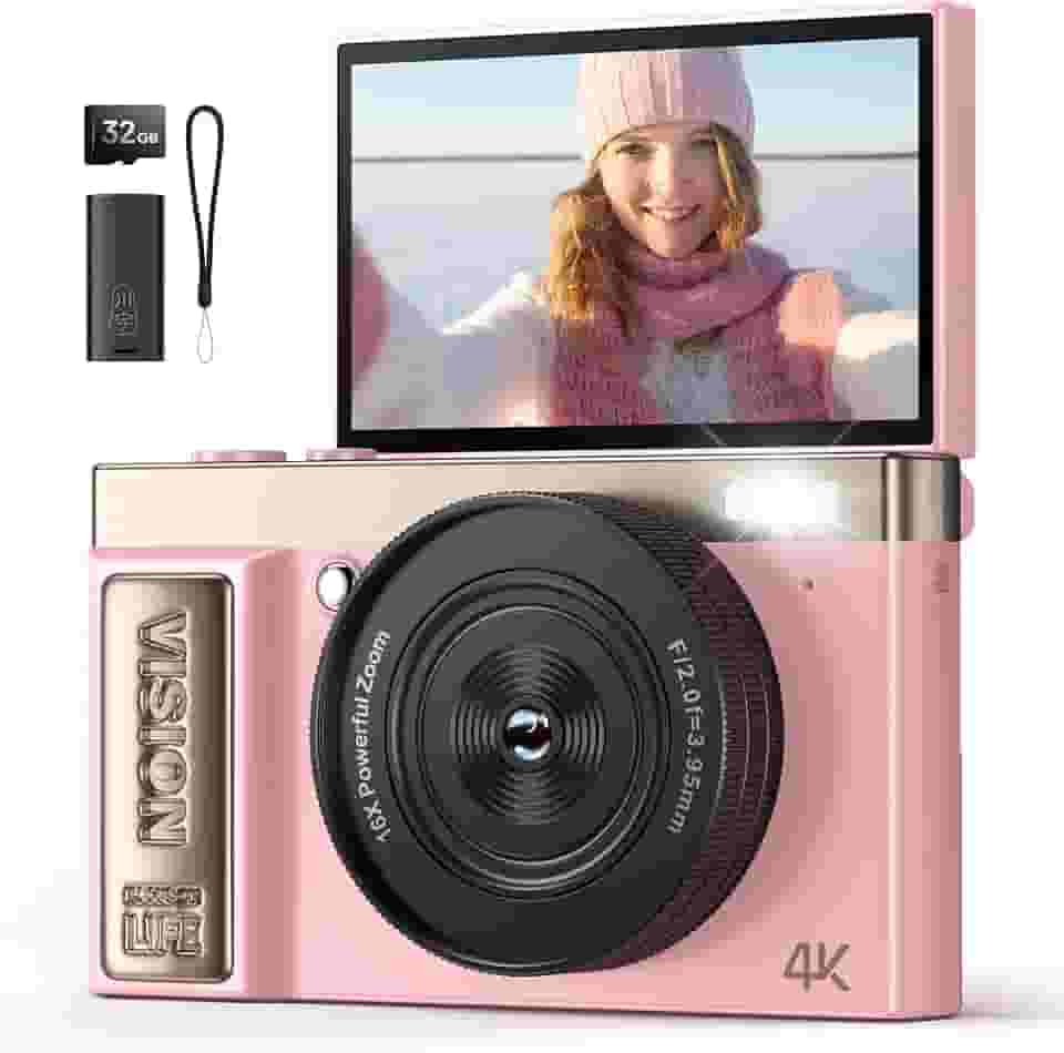 Câmera digital 4K rosa para meninas adolescentes: Câmera vlogging de 64 MP com tela flip - Zoom de 16X - Câmera compacta fofa para fotografia e YouTube - Presente estético de apontar e fotografar para
