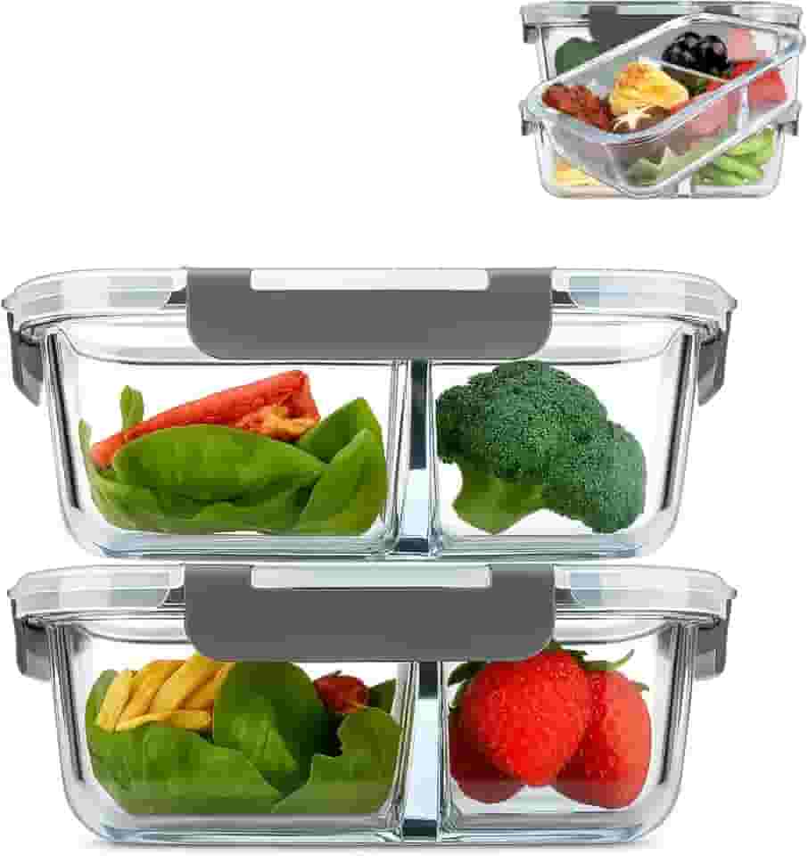 Kit 2 Potes de Vidro Retangular Hermético com Tampa e Divisória 1040ML - Armazenamento Seguro e Conservação de Alimentos - Organizador para Cozinha e Produtos Secos