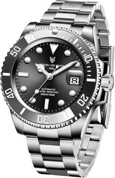 Relógio masculino com relógio mecânico automático de aço inoxidável da LIGE, relógio masculino Mergulhador à prova d 'água 100 m com mostrador de data grande e relógio de pulso luxuoso, Silver Black