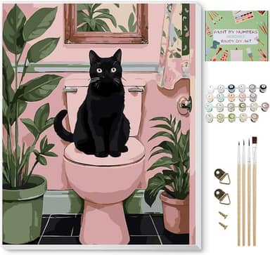 Ninonly Kit de pintura por números em tela emoldurada, pintura de gato preto por número, kits de artes e artesanato para adultos iniciantes, pincéis, pintura acrílica, 23 x 30 cm