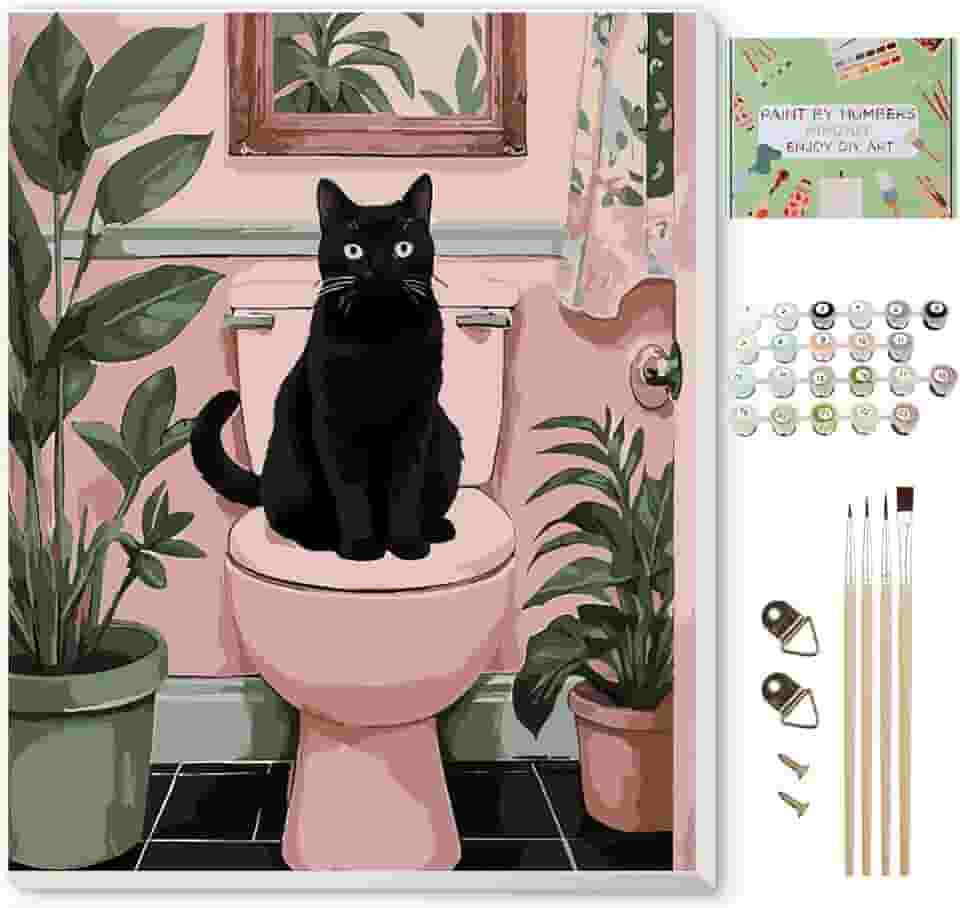 Ninonly Kit de pintura por números em tela emoldurada, pintura de gato preto por número, kits de artes e artesanato para adultos iniciantes, pincéis, pintura acrílica, 23 x 30 cm