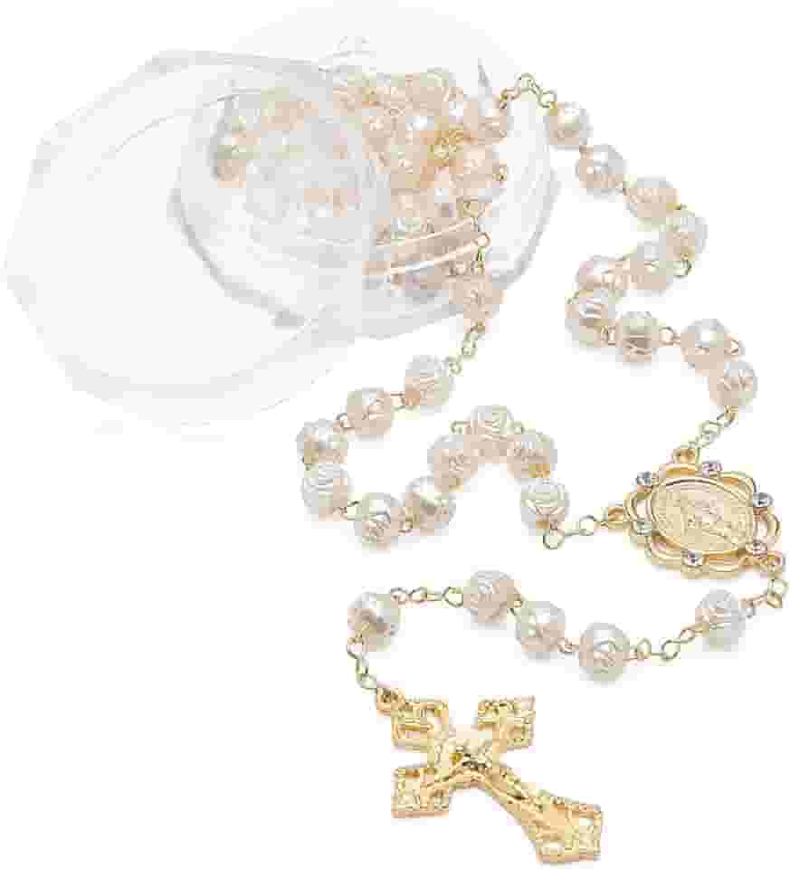 Terço Perola Botão De Rosa Dourada